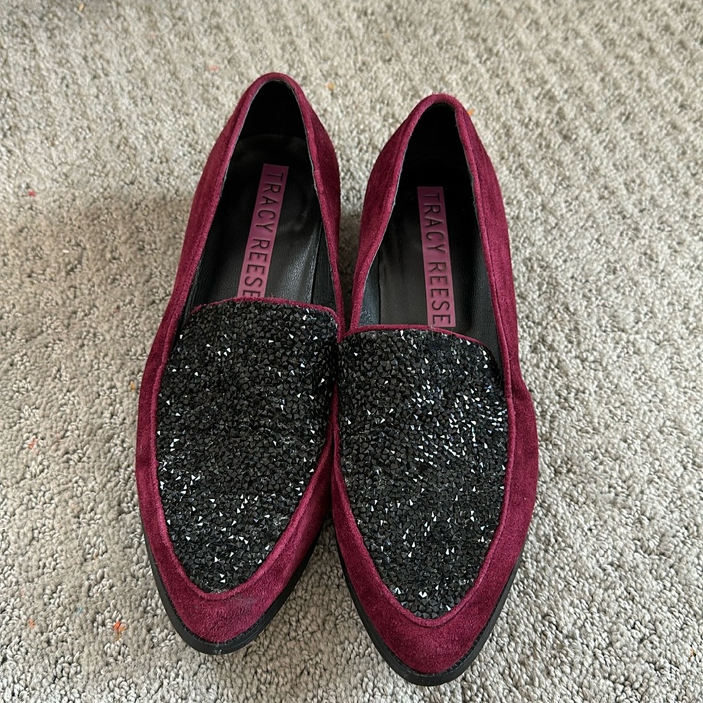 Tracy Reese Maroon Suede and Black Crystal Loafers